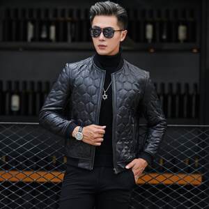 
New winter short genuine leather jacket rhombus handsome men's stand collar cotton jacket thickened warm baseball jacket leather jacket