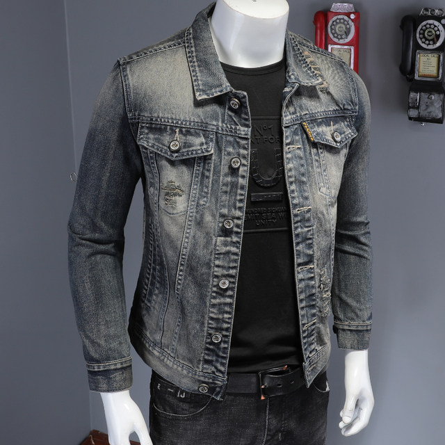 European station ripped denim jacket, handsome and stylish, trendy ...