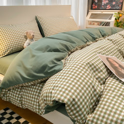 Japanese-Style Simple Washed Cotton Four-Piece Bedding Set ins Nordic Plaid Duvet Cover Bed Sheet Dormitory Three-Piece Fitted Sheet Set4
