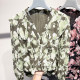2025 new Korean style retro V-neck ruffle printed pullover long-sleeved chiffon shirt for women
