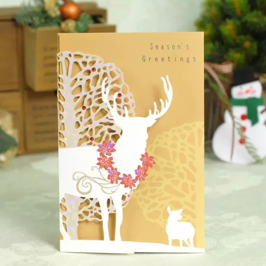 韩国创意表面镂空激光雕刻圣诞节祝福贺卡送员工商务新年卡片纸-Taobao
