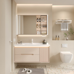 Cream-Colored Bathroom Cabinet with Integrated Ceramic Basin, Washbasin Cabinet Combination, Washbasin Vanity Unit