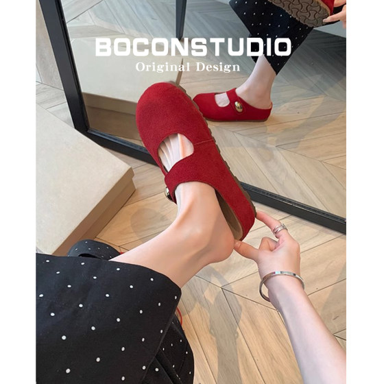 
Increased height by 5cm ~ Genuine leather red Birkenstock shoes for women spring, autumn and winter half slippers 2026 new thick-soled Birkenstock toe-toe slippers