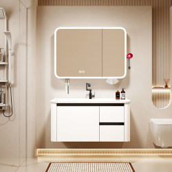 Cream-Colored Space Aluminum Bathroom Cabinet Washbasin Set, Integrated Ceramic Washbasin, Beauty Vanity Sink