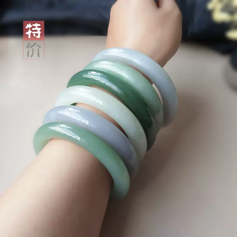 和田玉手镯白玉晴水色湖水绿烟紫烟青胖圆条玉
