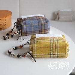Wool Plaid Tissue Box Car Tissue Holder Car-Mounted Hanging Tissue Cover Blue Desktop Ornament Vintage Style