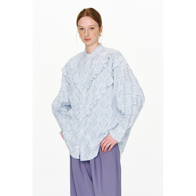 ItoshIroshI color woven striped jacquard tassel stand collar ruffled three-dimensional mid-length shirt Jump link
