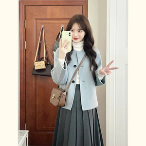 High end and luxurious blue woolen coat for women's autumn and winter wear, new Korean version of small casual short woolen coat