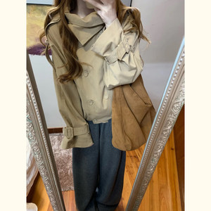 
Lazy style stand-up collar double-breasted windbreaker jacket for women with loose blouson sleeves for small people to look taller and reduce age, with a high-end sense of top