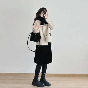 Advanced French contrasting doll collar woolen coat female autumn and winter new versatile temperament casual short top