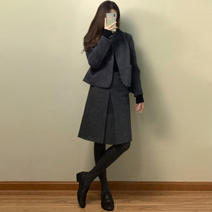
College style gray short wool jacket A-line skirt suit autumn and winter new temperament celebrity high-end two-piece set