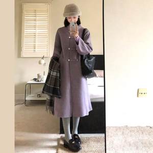 
Temperament taro purple medium-length tweed coat for women new winter stand collar Korean small tweed coat