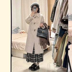 College style buckle woolen coat female autumn and winter new Korean version of the small middle long loose woolen coat
