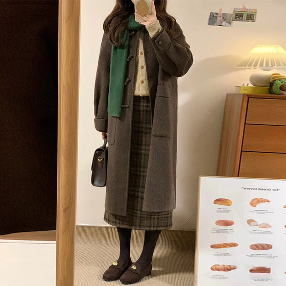 High-end brown tweed coat for women's autumn and winter clothes new Korean mid-length small horn button tweed coat