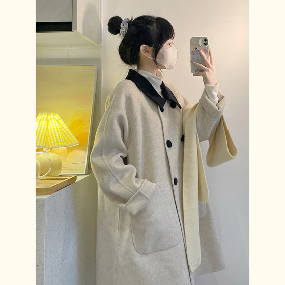 
Korean style contrasting lapel woolen coat for women petite, medium and long double-breasted versatile woolen coat with gentle style