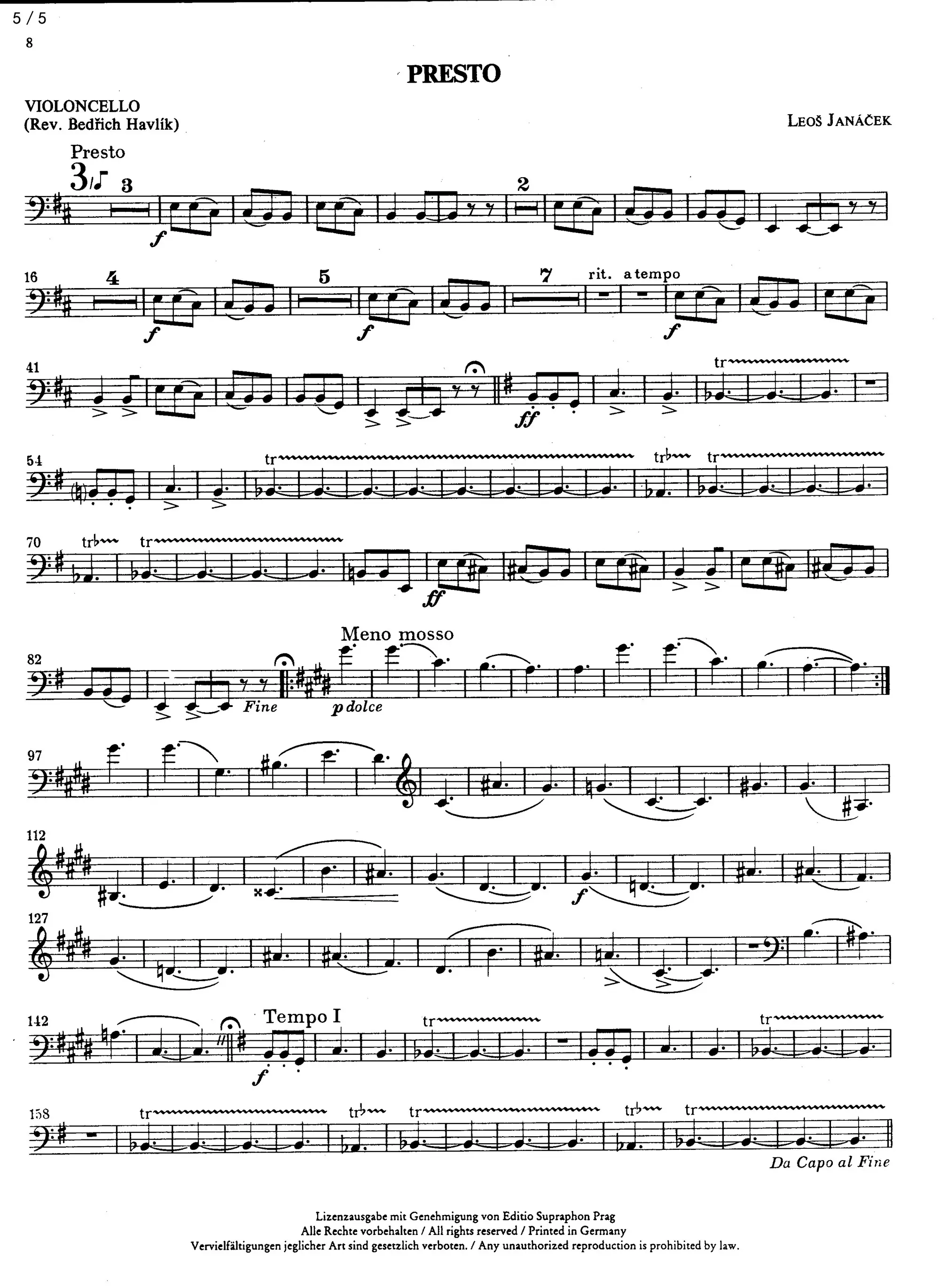 雅纳切克为大提琴和钢琴而做的 快板大提琴 钢琴 总谱分谱