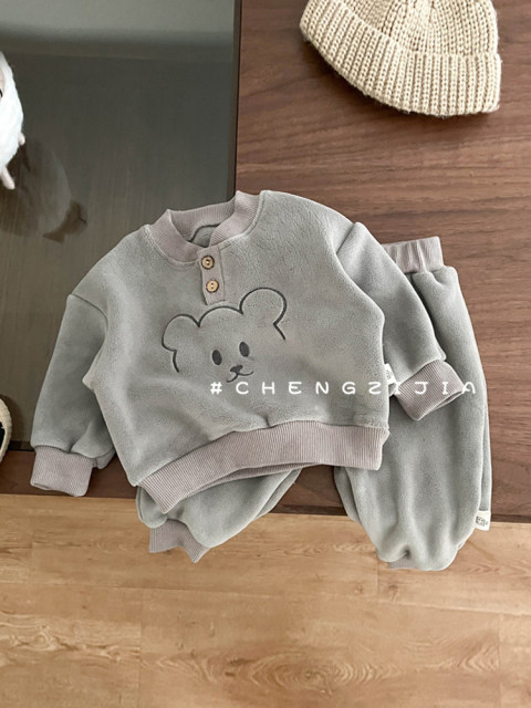 Beige Dino Baby Velvet Suit – 2-Piece Winter Outfit with Hoodie & Pants main image 1