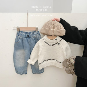 
Boys' spring and autumn style embroidered sweaters, baby girls' Korean style round neck sweaters, infants and young children's casual pullover tops
