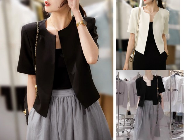 Designed buttonless round neck short-sleeved black coat for women ...