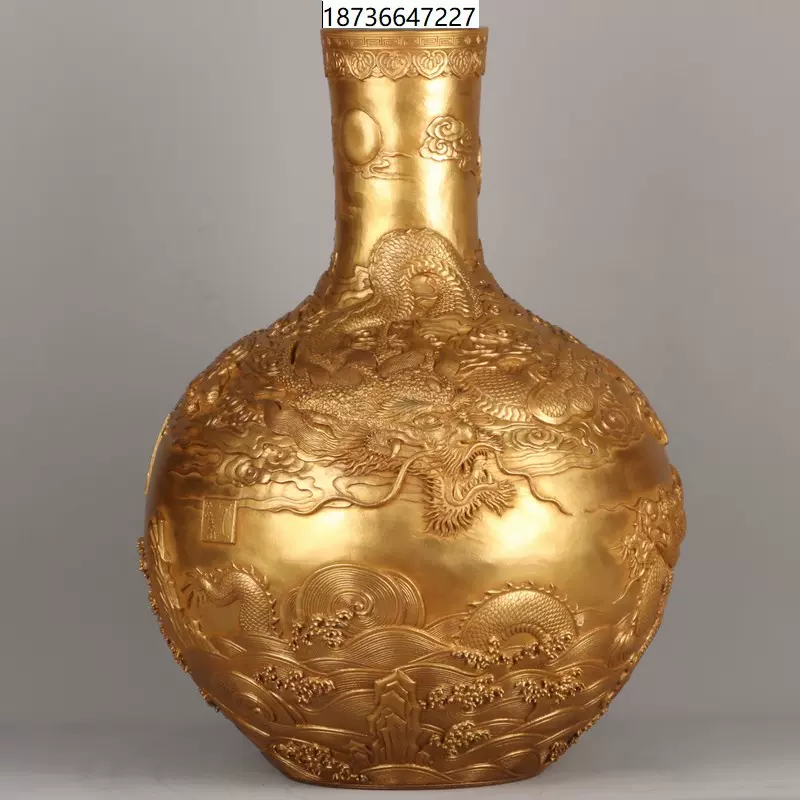 古董古玩老瓷器清乾隆：鎏金浮雕云龙纹天球瓶高宽：55*35cm-Taobao
