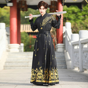 New Chinese style luxurious black gilded horse face skirt set, Ming style cross necked long sleeved Hanfu men's dragon pattern set