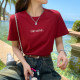 Red round neck short-sleeved T-shirt women's 2025 summer new loose base unique beautiful shoulder top