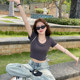 Gray round neck short-sleeved T-shirt women's 2025 summer new large neckline front shoulder slim half-sleeved short top