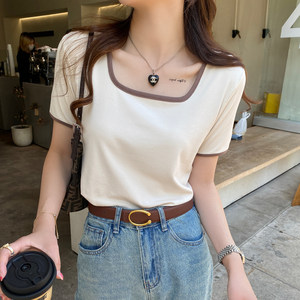 
French square neck short-sleeved right shoulder T-shirt for women spring and summer 026 new style unique design niche loose and beautiful top