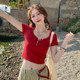 Red short V-neck front shoulder short-sleeved T-shirt women's new summer 2025 new slim and unique beautiful half-sleeved top