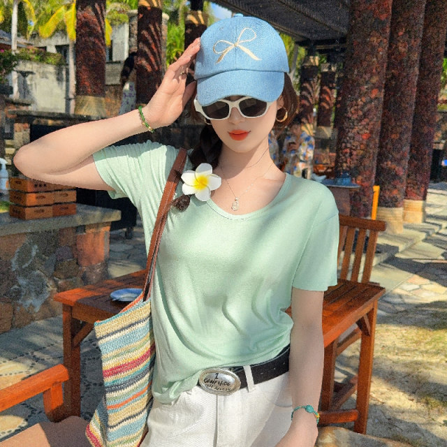 Green V-neck Modal short-sleeved T-shirt for women's summer 2025 new style for loose slimming ice silk top