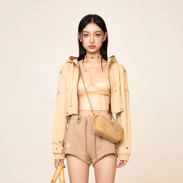 SMFK sports short jacket long sleeve embroidered cross armband fashion casual hooded women khaki beige hip-hop
