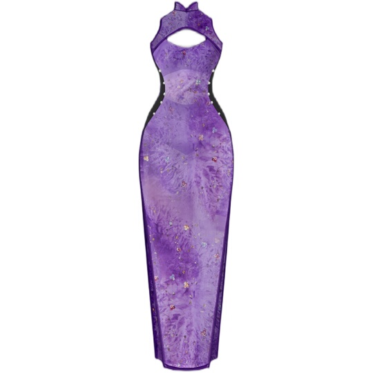 Purple Mesh Splicing Cheongsam Dress - Classical Chinese Style Long Skirt