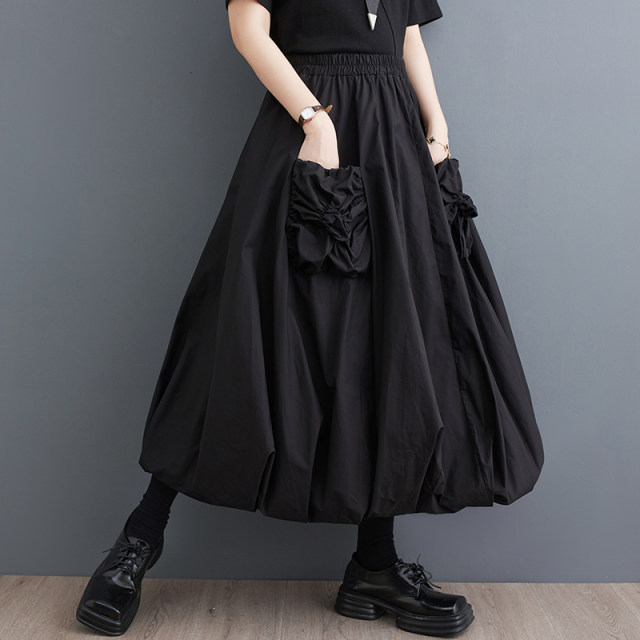 
Discount Spring and summer new loose solid color three-dimensional flower bud pocket collage double-layer lantern skirt versatile fluffy skirt cocoon shape