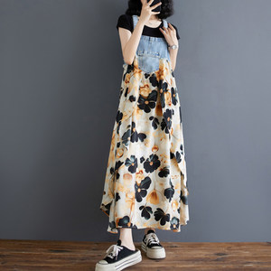 Flower skirt high -waist summer dress new ruffled chiffon denim design sensory backbone mid -length dress
