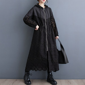 Discount autumn clothing new fashion trendy spliced ​​hollow hooded large size loose versatile slim windbreaker jacket black