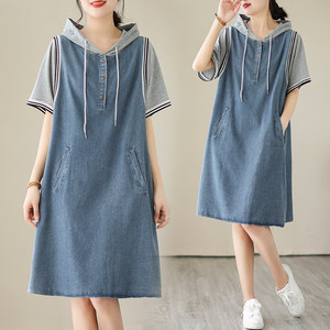 
Discounted summer new mid-length straight skirt loose slim spliced hooded sweatshirt denim dress for women