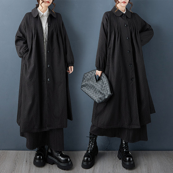
Spring and autumn new style dark style pleated large size windbreaker, fashionable and versatile, slim doll collar jacket black