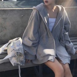 2026 Spring and Autumn Gray Thin Zipper Sweatshirt Women's Korean Style Casual Jacket Large Size Loose Sports Hooded Top