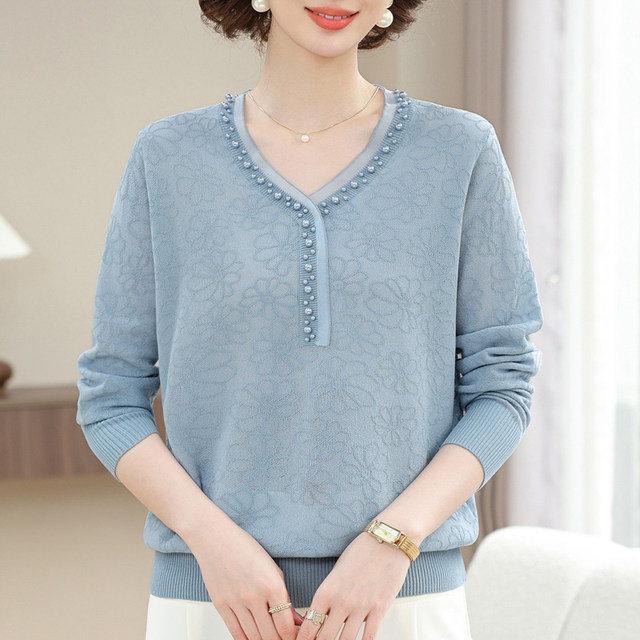 Fashionable mother spring and autumn thin sweater for women loose mulberry silk top for extra large size middle-aged and elderly beaded base shirt