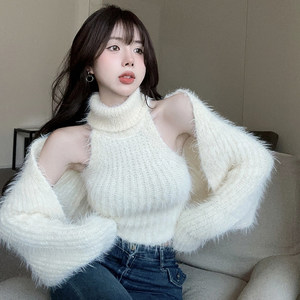Plush white sweater jacket for women's autumn small top loose knit cardigan versatile warm short shawl
