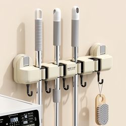 Mop Holder Wall-Mounted Organizer Bathroom Mop Clip Strong Suction Cup Long Strip Hook Storage Rack