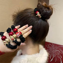 Black and Red Color-Blocking Scrunchie with Golden Little Horse and Fortune Symbols for the Year of the Horse, Suitable for High Ponytails, Women's Hair Tie