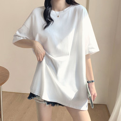 European Style White Short-Sleeve T-Shirt for Women, Loose Fit, Pure Cotton, Mid-Length, Tummy-Covering, Base Layer Top