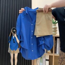 Klein Blue Polo Collar Pleated Three-Quarter Sleeve Shirt for Women, Summer Design, Waist-Cinching, Slimming, Sun-Protective Jacket Top