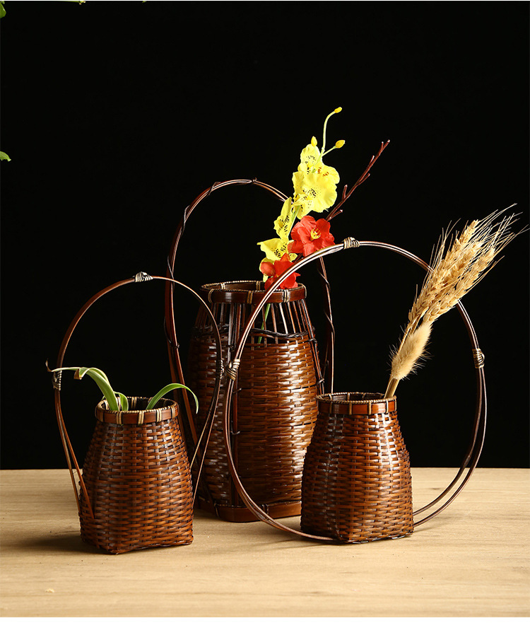 竹編み花かご - 禅スタイル花瓶 - 三竹職人技
