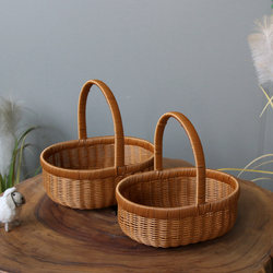 Pastoral Style Hand-Held Fruit Basket, Imitation Rattan Woven Picnic Basket, Shopping Basket, Picking and Storage Basket, Gift Basket, Hand-Held Flower Basket
