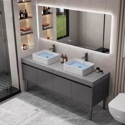Public Restroom Double Sink Countertop Rock Slab Bathroom Cabinet Combination Floor-Standing Washbasin