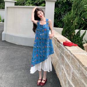 
Blue French petty bourgeoisie contrasting color embroidered stitching vest dress for women 2026 spring new style relaxed age-reducing long skirt