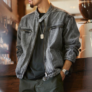 
American Retro Motorcycle Stand Collar Washed Denim Jacket Men's Spring Gray Loose Tough Guy Zipper Work Jacket