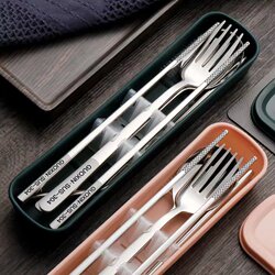 304 Stainless Steel Spoon, Chopsticks, and Fork Set with Case, Portable Antibacterial Three-Piece Set for Students and Adults, Storage Cutlery Set
